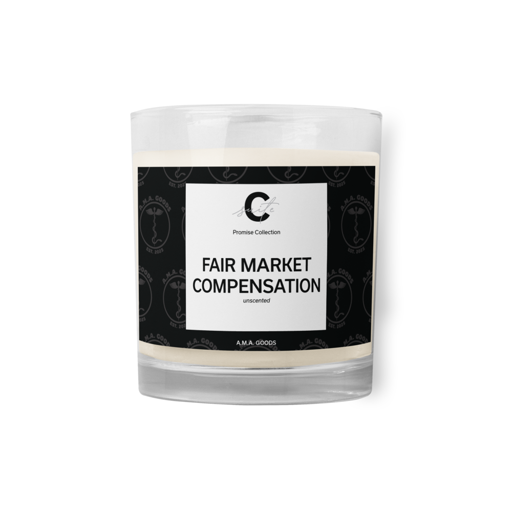 Candle with a label reading 'Fair Market Compensation' on a white background