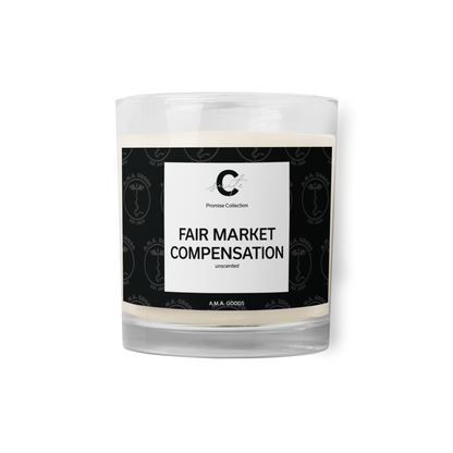 Candle with a label reading 'Fair Market Compensation' on a white background