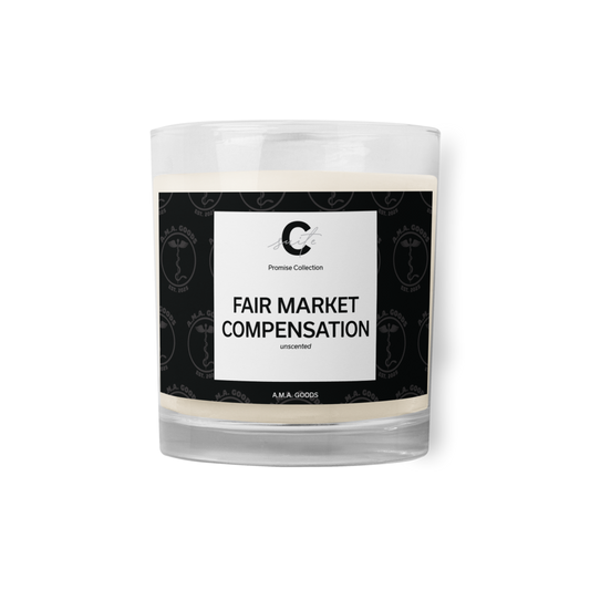 Candle with a label reading 'Fair Market Compensation' on a white background