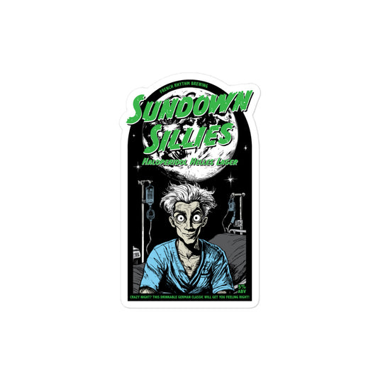 Sticker with a character and text 'Sundown Sillies' on a white background