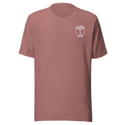 Muave t-shirt with a white logo on a white background